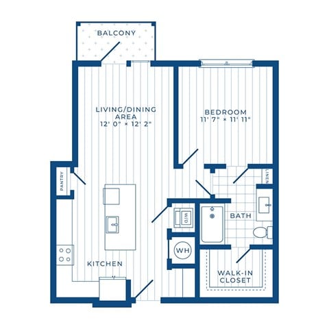 Floor plan for 1 bed, 1 bath, 753 sqft